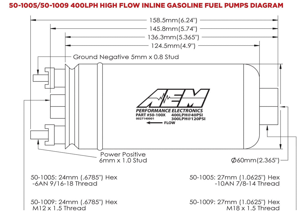AEM 400LPH (Metric) Inline High Flow Fuel Pump | SKU 50-1009