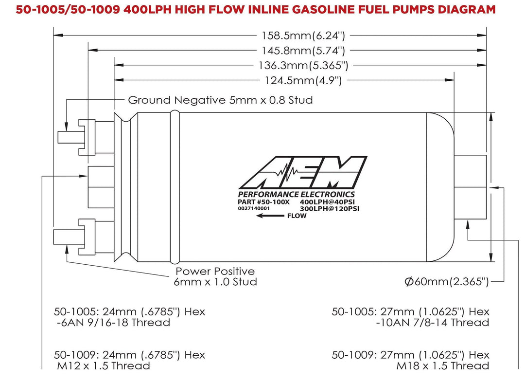 AEM 400LPH (Metric) Inline High Flow Fuel Pump | SKU 50-1009