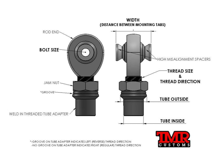 TMR Customs 1-1/4” FK Rod End (Heim Joint) Package with Round Tube Adapter