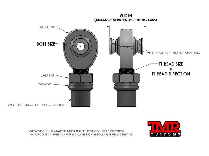TMR Customs 3/4" FK Rod End (Heim Joint) Package with Round Tube Adapter