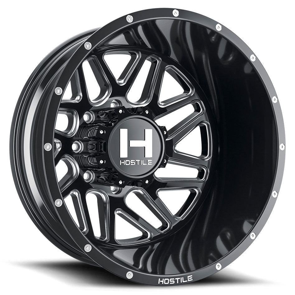 Hostile H401 Sprocket-R | 22x8.25 | 8 On 165.1 | Offset -221 | Gloss Black with Mill Cut Details | SKU H401-22828165-221B