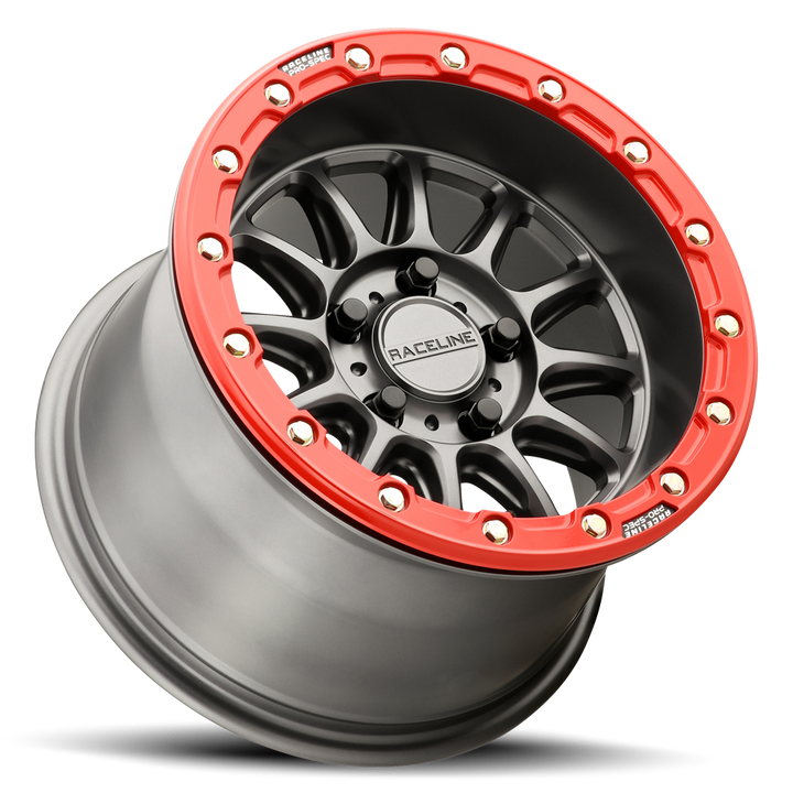 Raceline Alpha Beadlock UTV A14GR 15x7 5 on 114.3 +53 Offset Satin Gunmetal Red Beadlock Ring