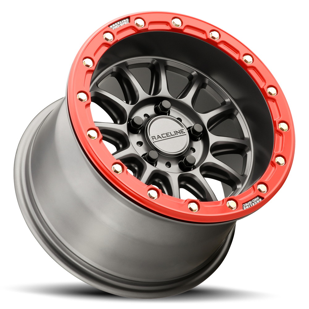 Raceline Alpha Beadlock UTV A14GR 15x7 5 on 114.3 +25 Offset Satin Gunmetal Red Beadlock Ring