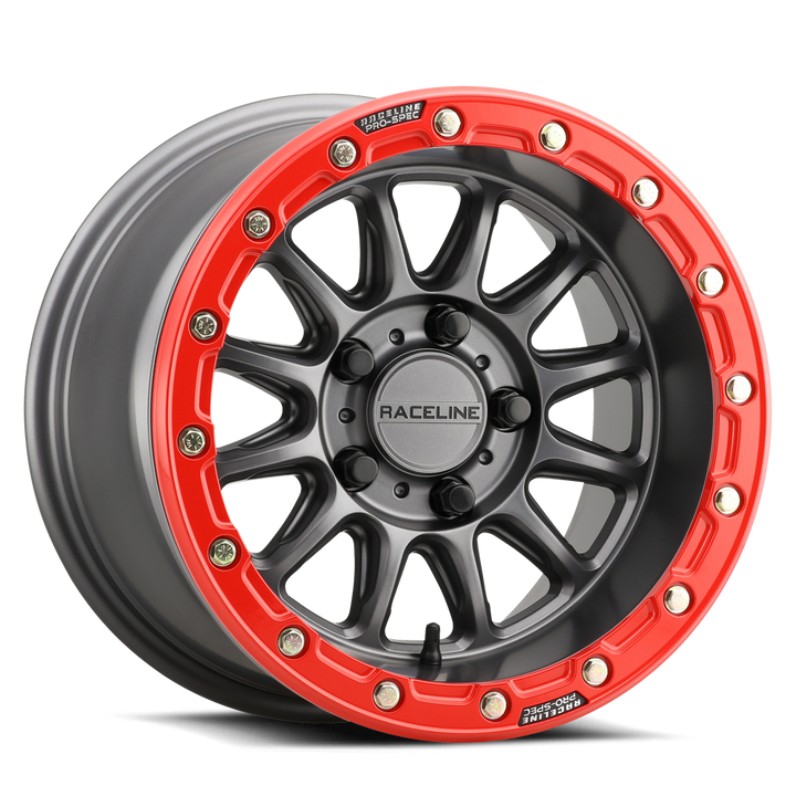 Raceline Alpha Beadlock UTV A14GR 15x7 5 on 114.3 +53 Offset Satin Gunmetal Red Beadlock Ring