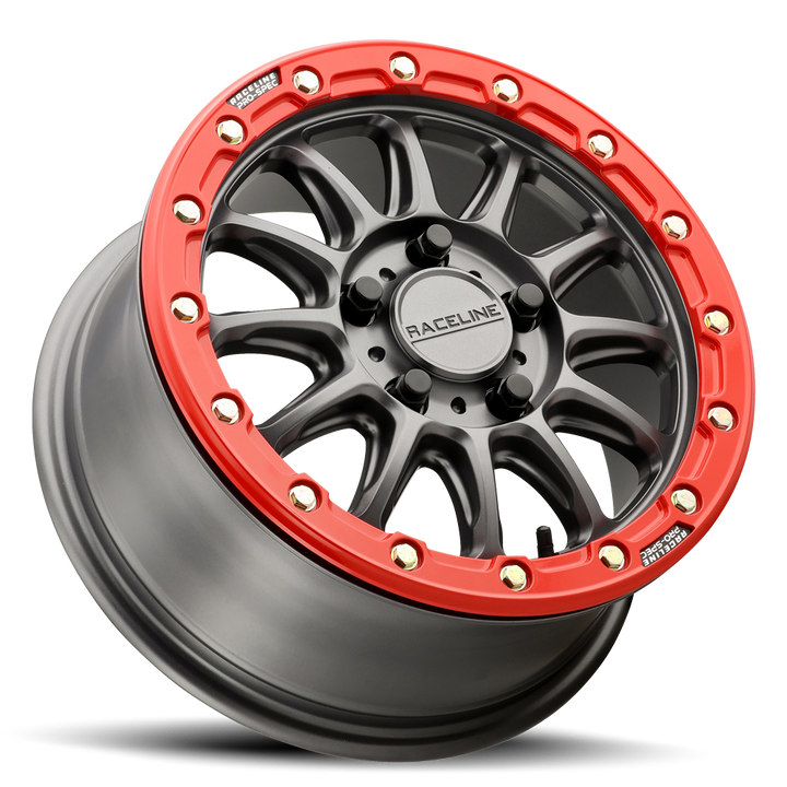 Raceline Alpha Beadlock UTV A14GR 15x7 5 on 114.3 +25 Offset Satin Gunmetal Red Beadlock Ring