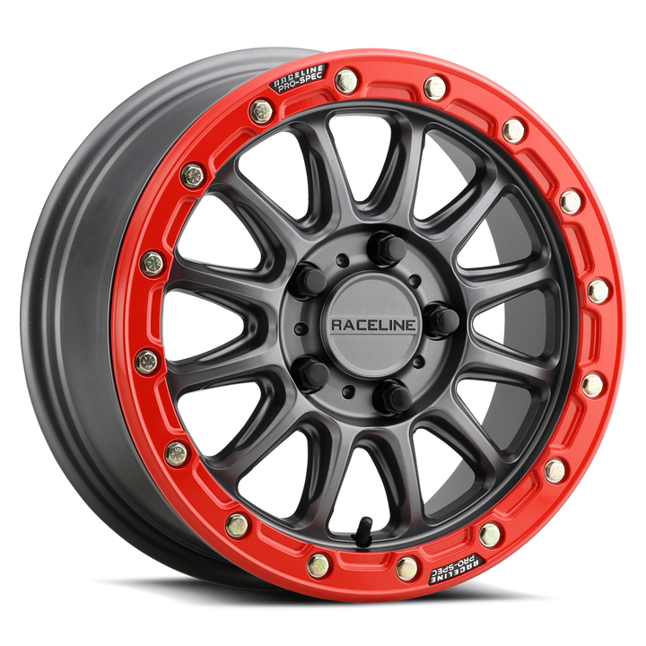 Raceline Alpha Beadlock UTV A14GR 15x7 5 on 114.3 +25 Offset Satin Gunmetal Red Beadlock Ring