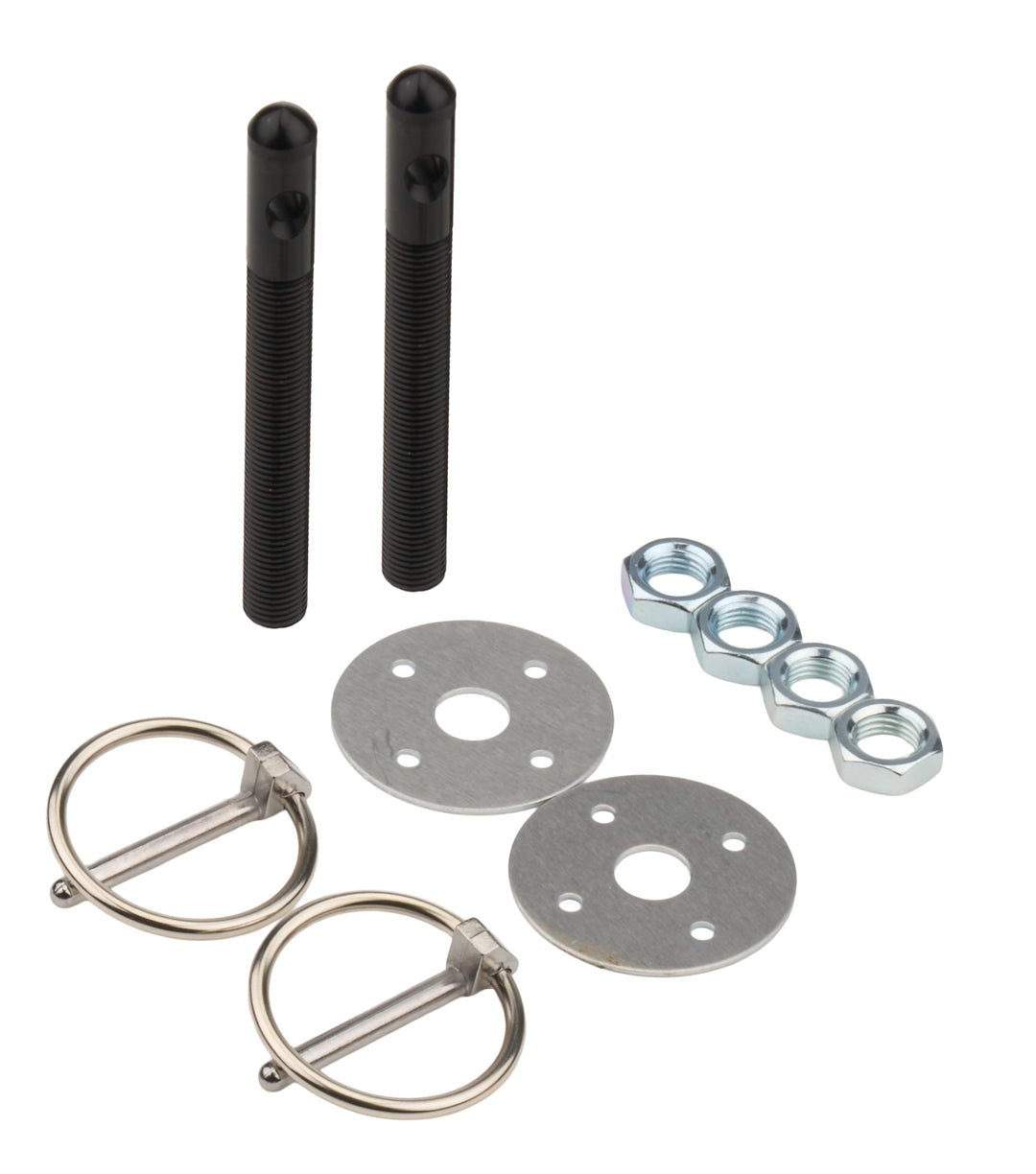 Allstar Hood Pin 0.375" OD x 3.5" 1.5" OD Scuff Plates 0.188" Torsion Clips Aluminum Black Kit ALL18484