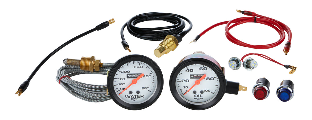 Allstar Gauge Kit Oil Pressure / Water Temperature 2-5/8" Diameter White Face Warning Light Kit ALL80080