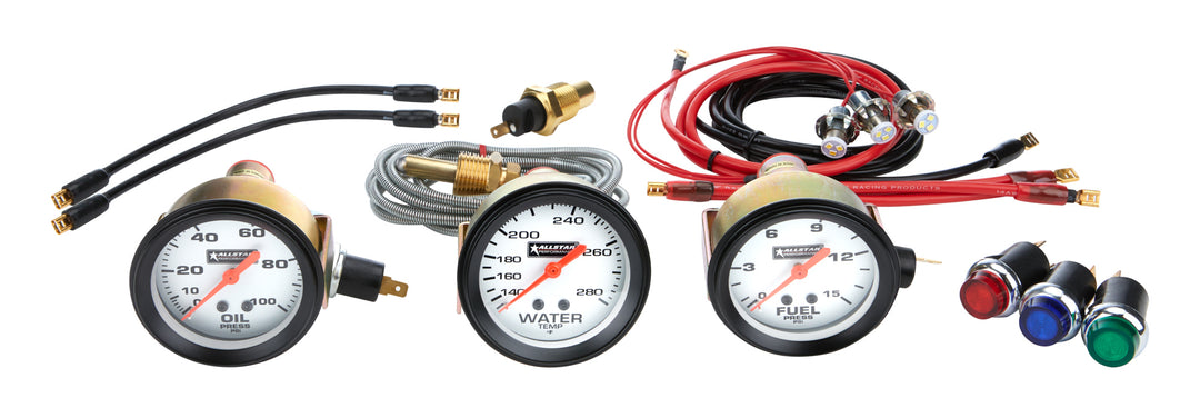 Allstar Gauge Kit Oil Pressure / Water Temperature / Fuel Pressure 2-5/8" Diameter White Kit ALL80082
