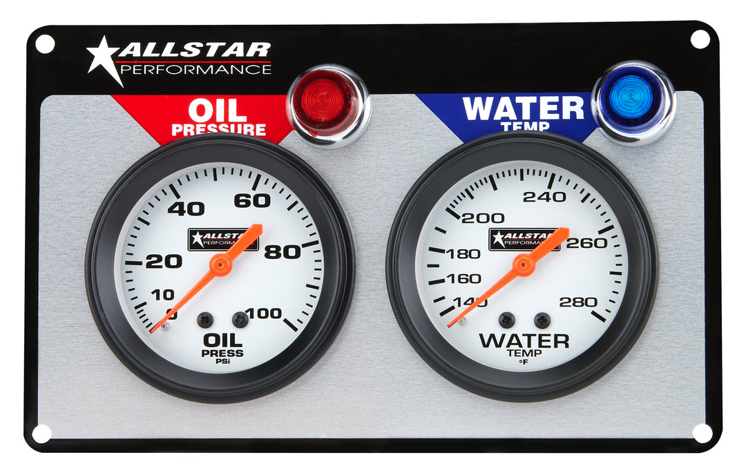 Allstar Gauge Panel Assembly Oil Pressure / Water Temperature 2-5/8" Diameter Silver Face Kit ALL80090
