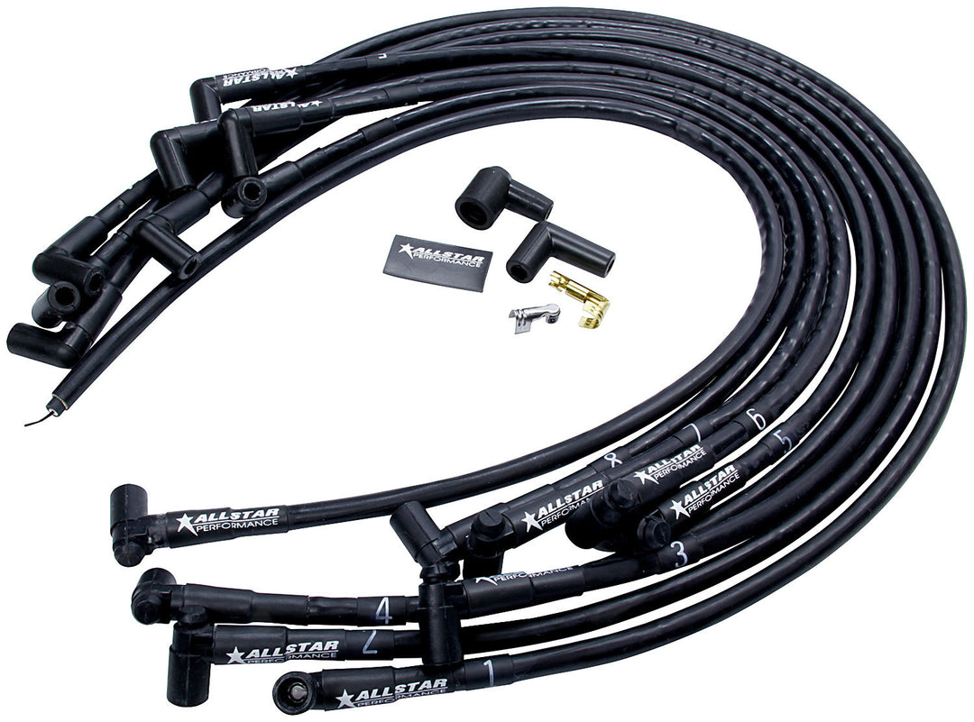 Allstar Spark Plug Wire Set Spiral Core 8 mm Sleeved Black 90 Degree Plug Boots HEI Style Kit ALL81370