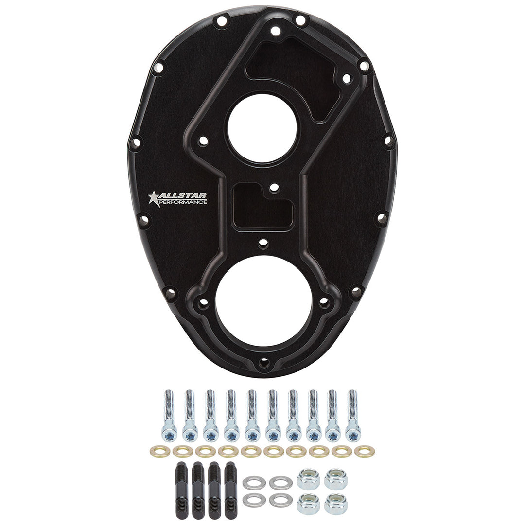 Allstar Timing Cover 1-Piece Camshaft Drive Aluminum Black Anodized Raised Camshaft Small Block ALL90081