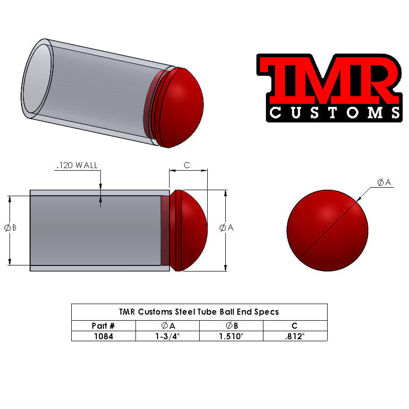 TMR Customs Weld In Steel Tube Caps - Ball End