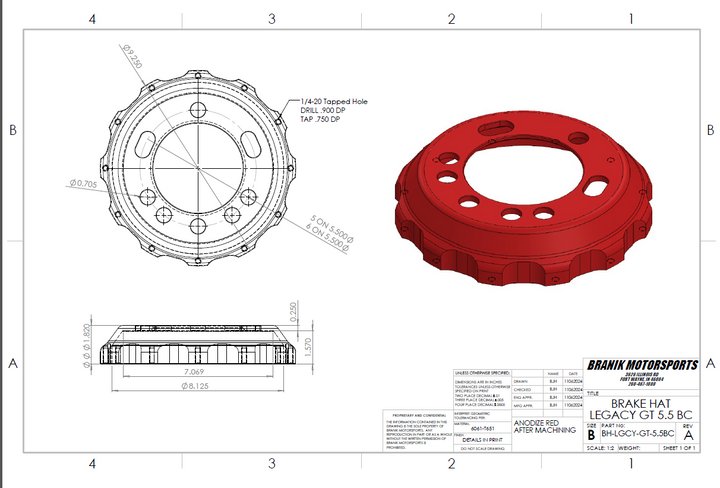 Branik Legacy GT Brake Hat 5.5 Bolt Circle
