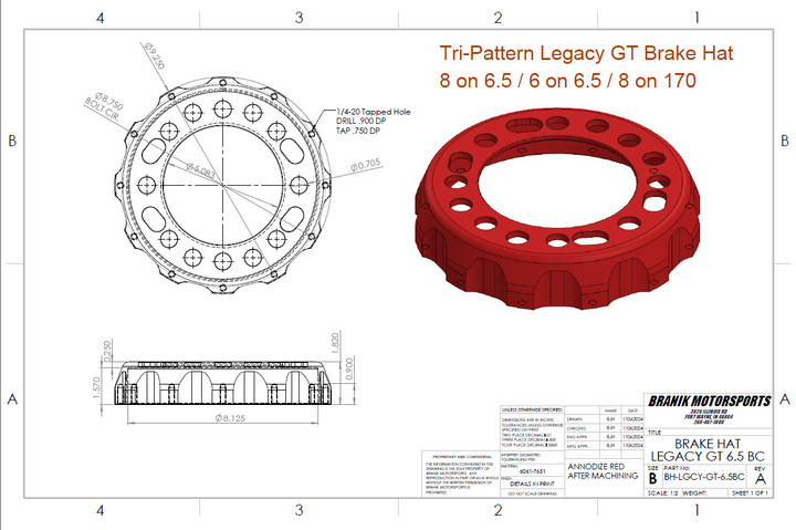 Branik Legacy GT Brake Hat - 6.5 Bolt Circle/ 8 on 170