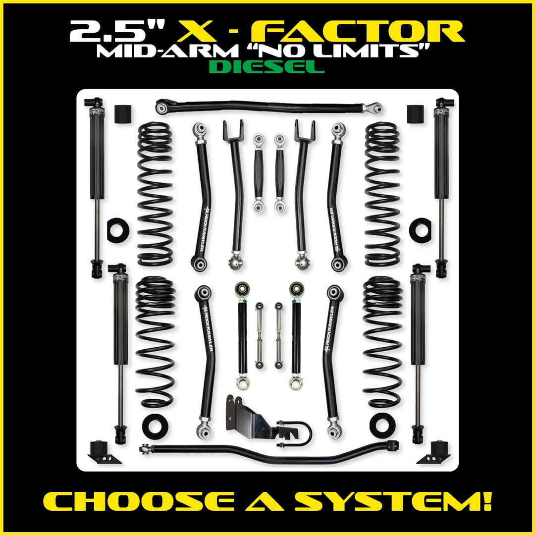 Rock Krawler 2.5 Inch X Factor No Limits System - Jeep Wrangler JLU Diesel - kit layout