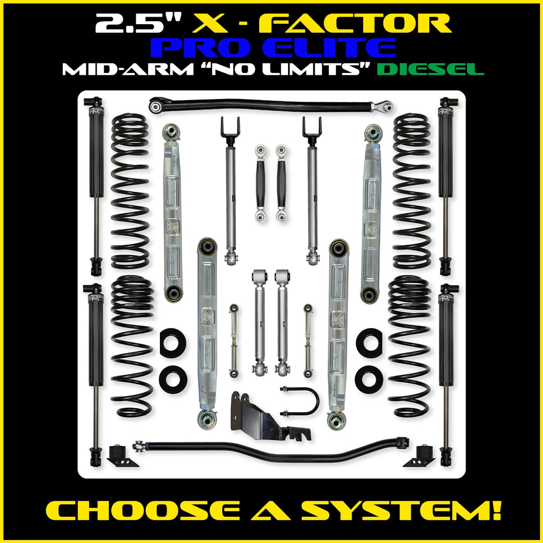 Rock Krawler 2.5 Inch X Factor Pro Elite No Limits System - Jeep Wrangler JLU Diesel - kit layout