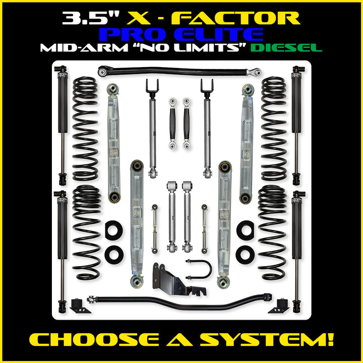 Rock Krawler 3.5 Inch X Factor Pro Elite No Limits Mid-Arm System - Jeep Wrangler JLU Diesel