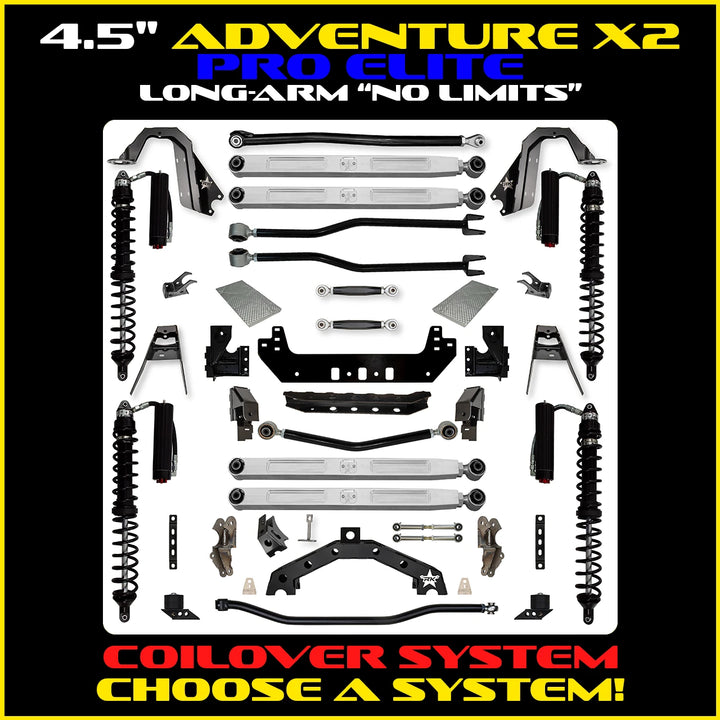 Rock Krawler 4.5 Inch Adventure X2 Pro Elite No Limits Long-Arm Lift Kit - Wrangler JLU - coilover package