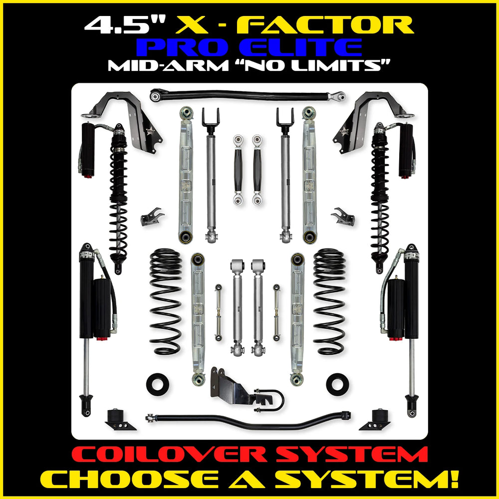 Rock Krawler 4.5 Inch X-Factor Pro Elite No Limits Mid-Arm Lift Kit - Jeep Wrangler JLU - coilover package