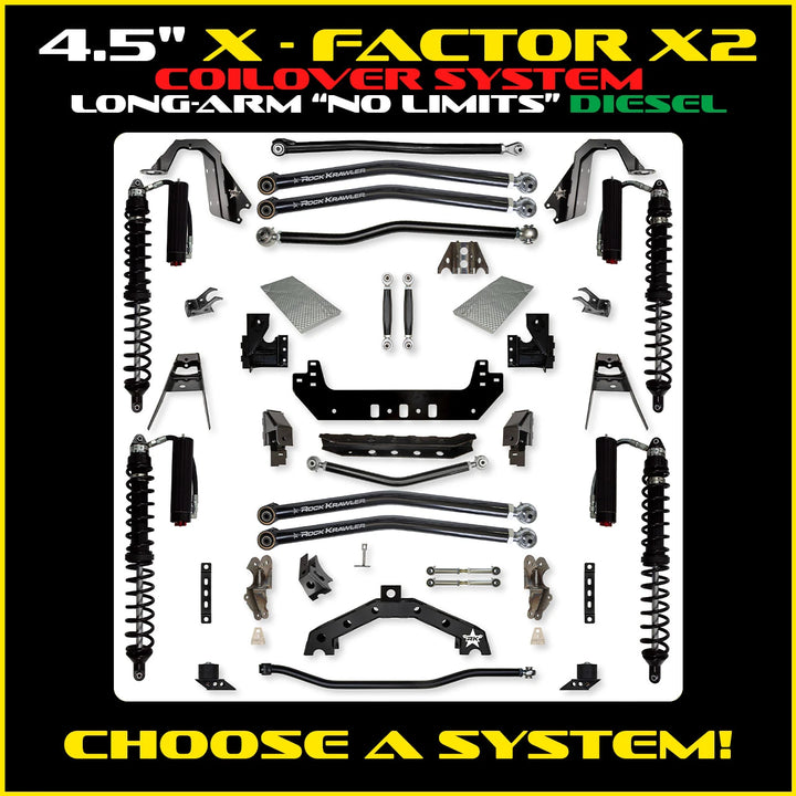Rock Krawler 4.5 Inch X Factor X2 No Limits Long Arm - Jeep Wrangler JLU Diesel - coilover packages
