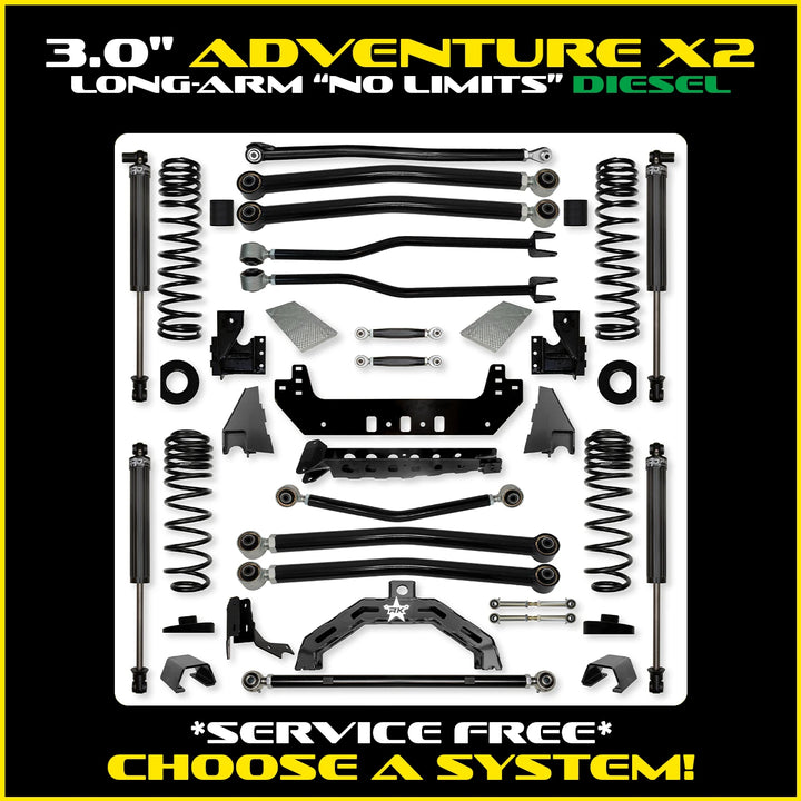 Rock Krawler 3.0 Inch Adventure-X2 No Limits Long Arm Kit - 2020+ Gladiator JT - diesel kit