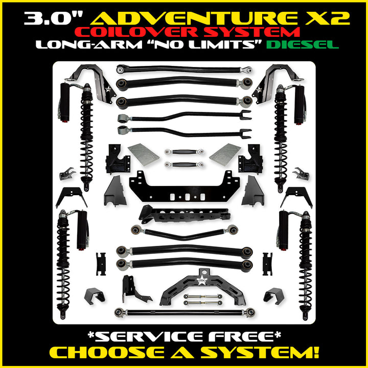 Rock Krawler 3.0 Inch Adventure-X2 No Limits Long Arm Kit - 2020+ Gladiator JT - diesel coilover packages
