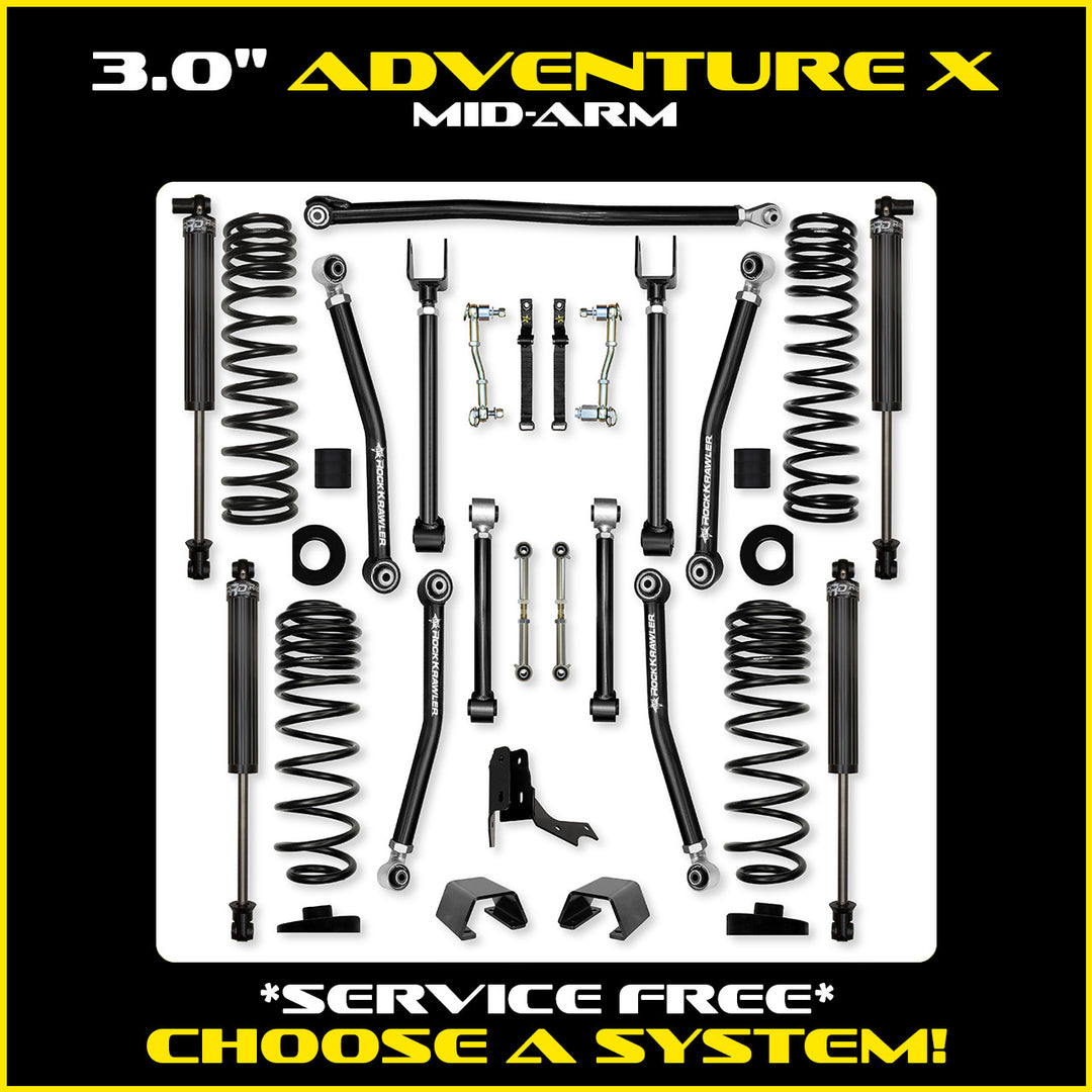 Rock Krawler 3.0 Inch Adventure-X Mid Arm Lift Kit - 2020+ Gladiator JT - kit and shock packages