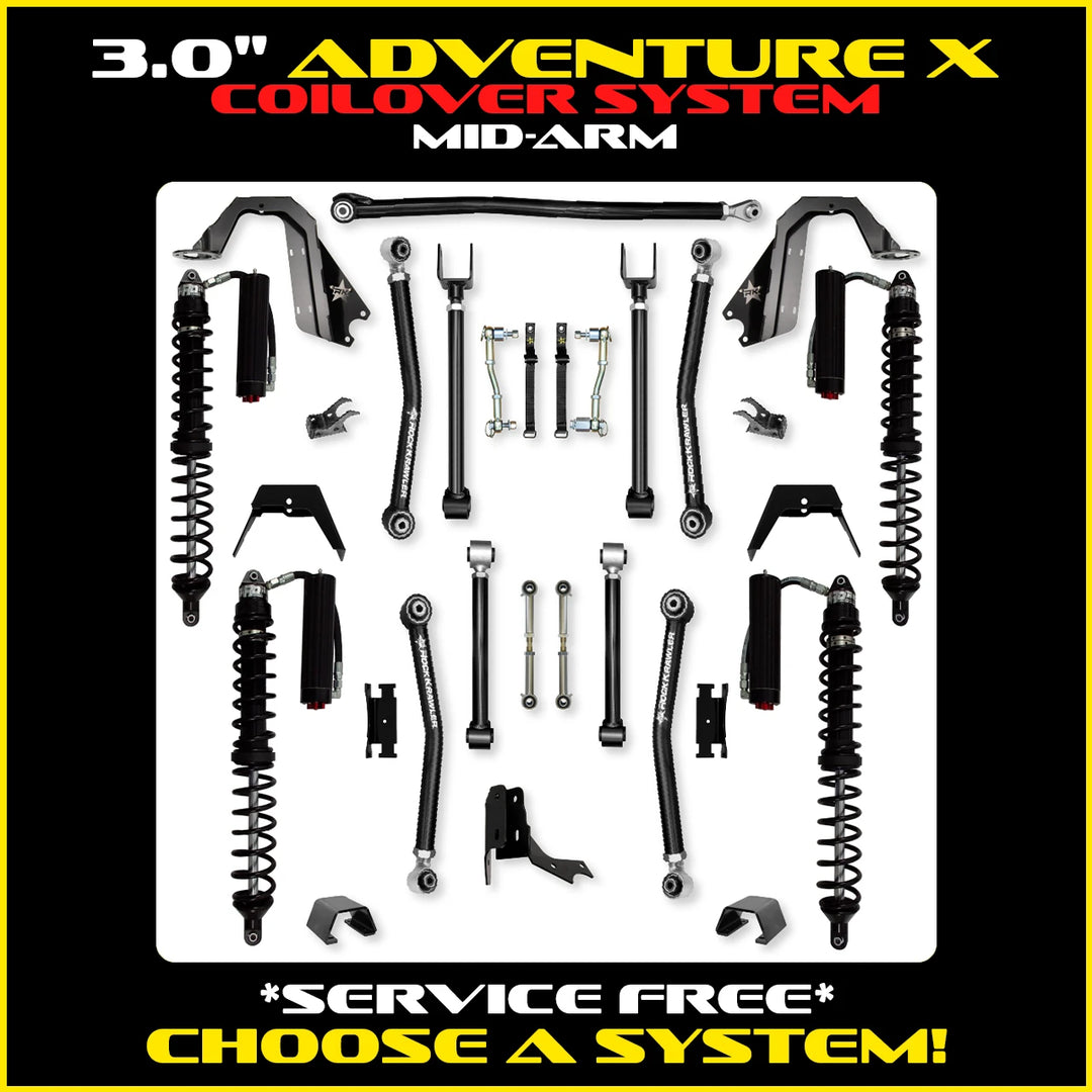 Rock Krawler 3.0 Inch Adventure-X Mid Arm Lift Kit - 2020+ Gladiator JT - coilover Comp and Trail Runner packages