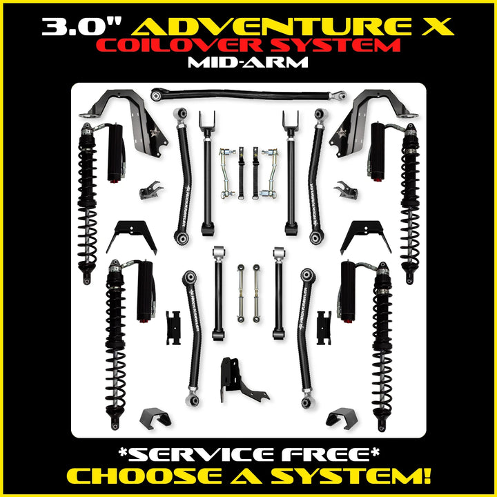 Rock Krawler 3.0 Inch Adventure-X Mid Arm Lift Kit - 2020+ Gladiator JT - coilover Comp and Trail Runner packages