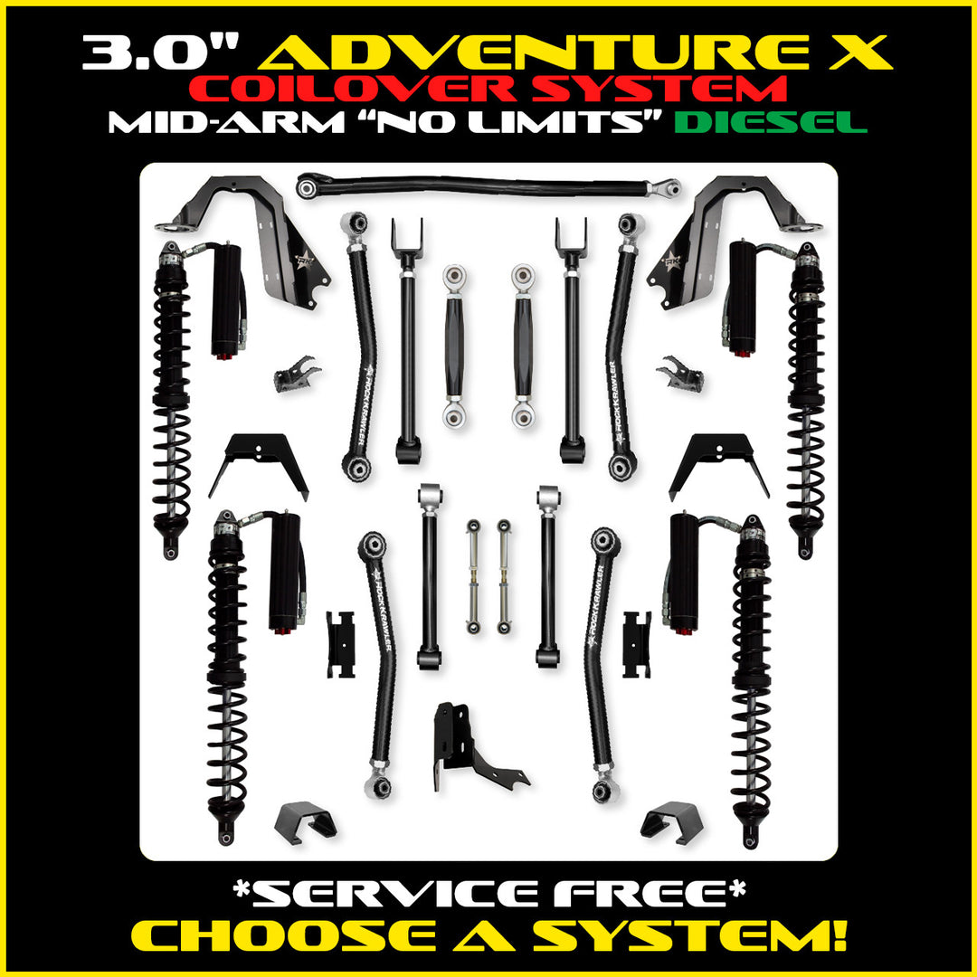 Rock Krawler 3.0 Inch Adventure-X No Limits Mid Arm Kit - 2020+ Gladiator JT - diesel coilover packages