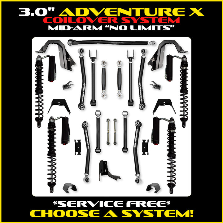 Rock Krawler 3.0 Inch Adventure-X No Limits Mid Arm Kit - 2020+ Gladiator JT - coilover Comp and Trail Runner packages