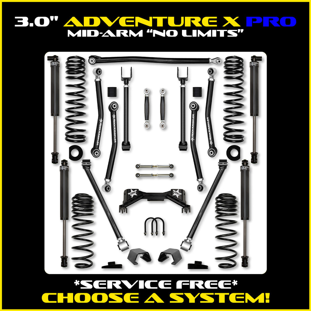 Rock Krawler 3.0 Inch Adventure-X Pro No Limits Mid Arm Kit - 2020+ Gladiator JT - kit and shock packages