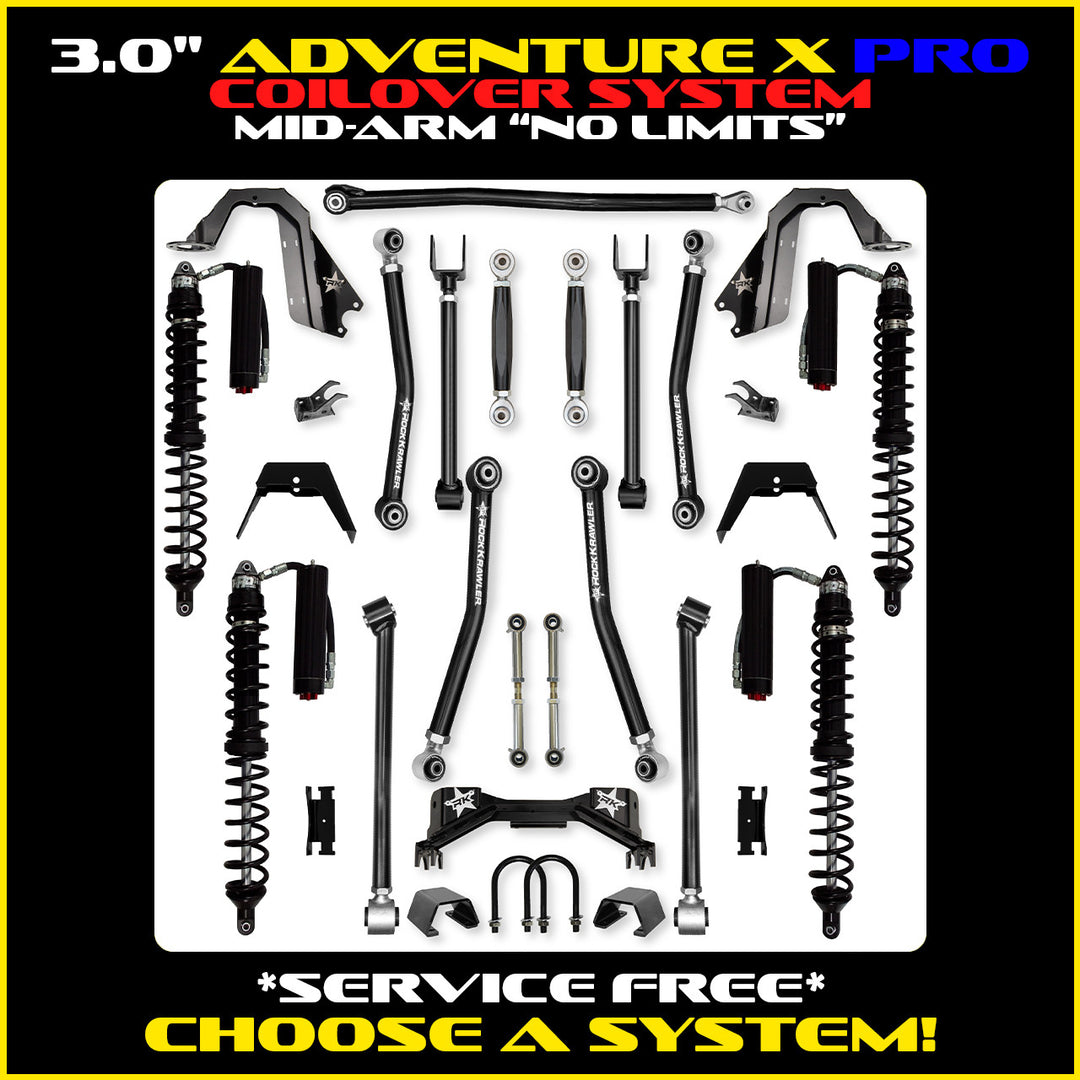 Rock Krawler 3.0 Inch Adventure-X Pro No Limits Mid Arm Kit - 2020+ Gladiator JT - coilover Comp and Trail Runner packages