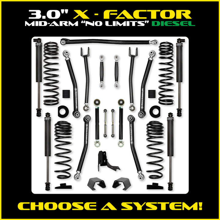Rock Krawler 3.0 Inch X-Factor No Limits Mid Arm Lift Kit - 2020+ Gladiator JT - diesel kit