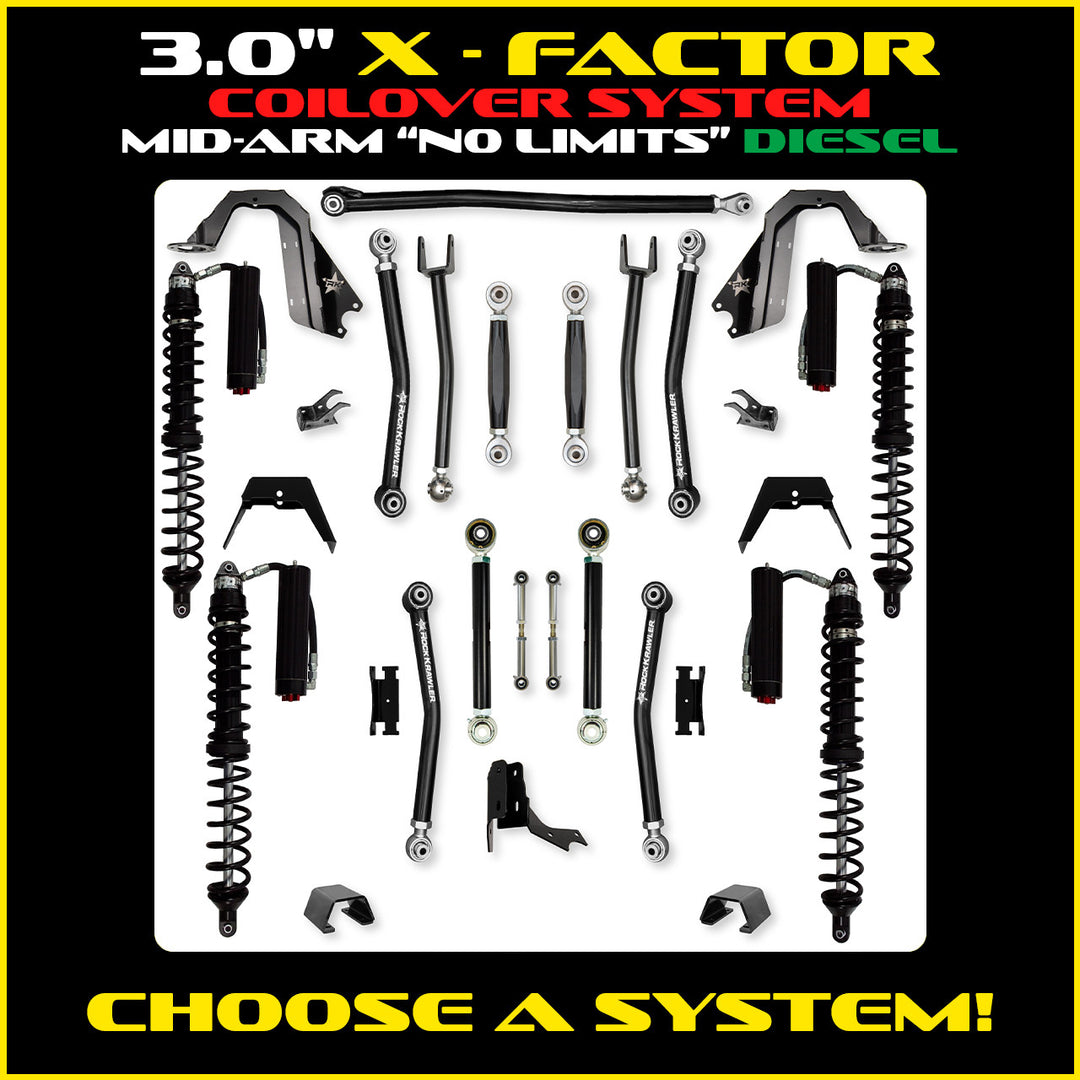Rock Krawler 3.0 Inch X-Factor No Limits Mid Arm Lift Kit - 2020+ Gladiator JT - diesel coilover packages