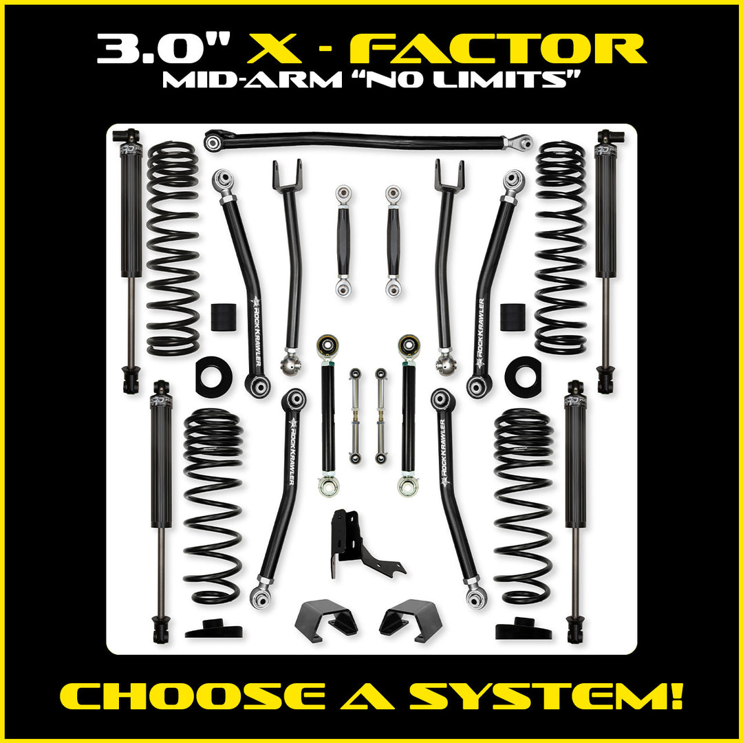 Rock Krawler 3.0 Inch X-Factor No Limits Mid Arm Lift Kit - 2020+ Gladiator JT - kit and shock packages