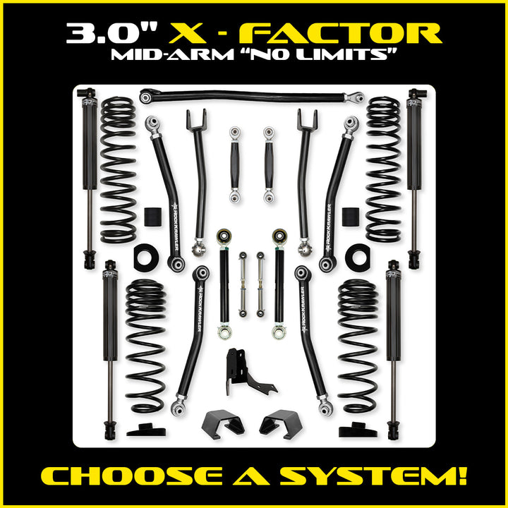 Rock Krawler 3.0 Inch X-Factor No Limits Mid Arm Lift Kit - 2020+ Gladiator JT - kit and shock packages