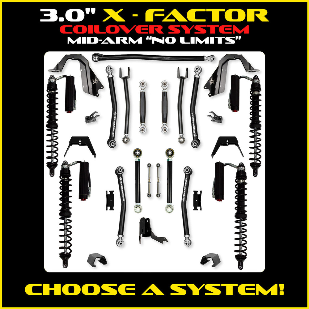 Rock Krawler 3.0 Inch X-Factor No Limits Mid Arm Lift Kit - 2020+ Gladiator JT - coilover Comp and Trail Runner packages