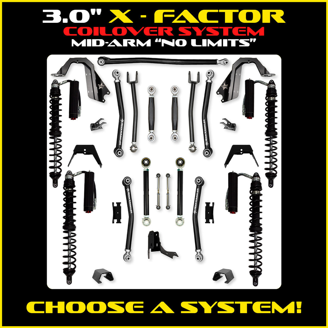 Rock Krawler 3.0 Inch X-Factor No Limits Mid Arm Lift Kit - 2020+ Gladiator JT - coilover Comp and Trail Runner packages