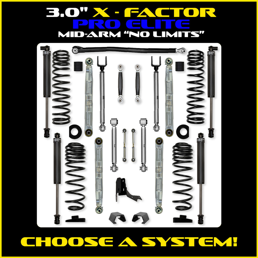 Rock Krawler 3.0 Inch X-Factor Pro Elite No Limits Mid Arm Kit - 2020+ Gladiator JT - kit and shock packages