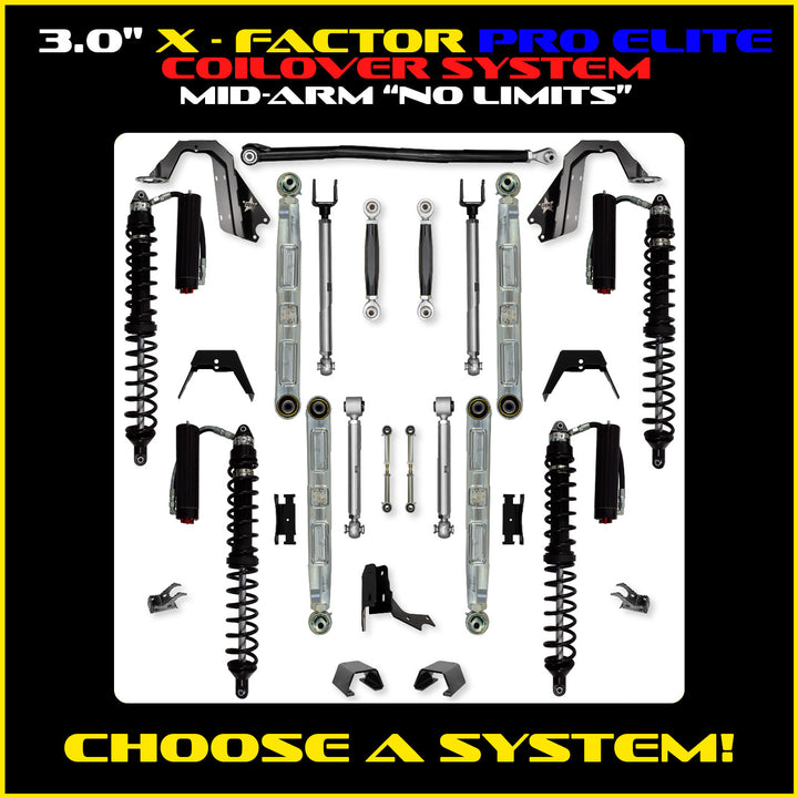 Rock Krawler 3.0 Inch X-Factor Pro Elite No Limits Mid Arm Kit - 2020+ Gladiator JT - coilover Comp and Trail Runner packages