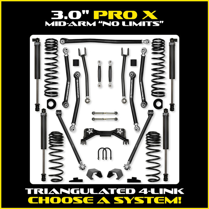 Rock Krawler 3.0 Inch Pro-X No Limits Mid Arm Lift Kit - 2020+ Gladiator JT - kit and shock packages