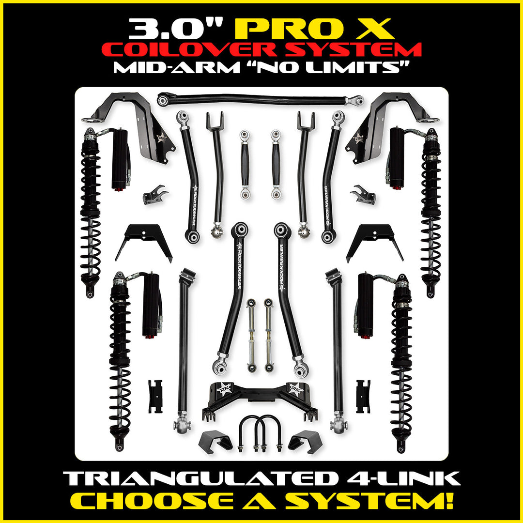 Rock Krawler 3.0 Inch Pro-X No Limits Mid Arm Lift Kit - 2020+ Gladiator JT - coilover Comp and Trail Runner packages