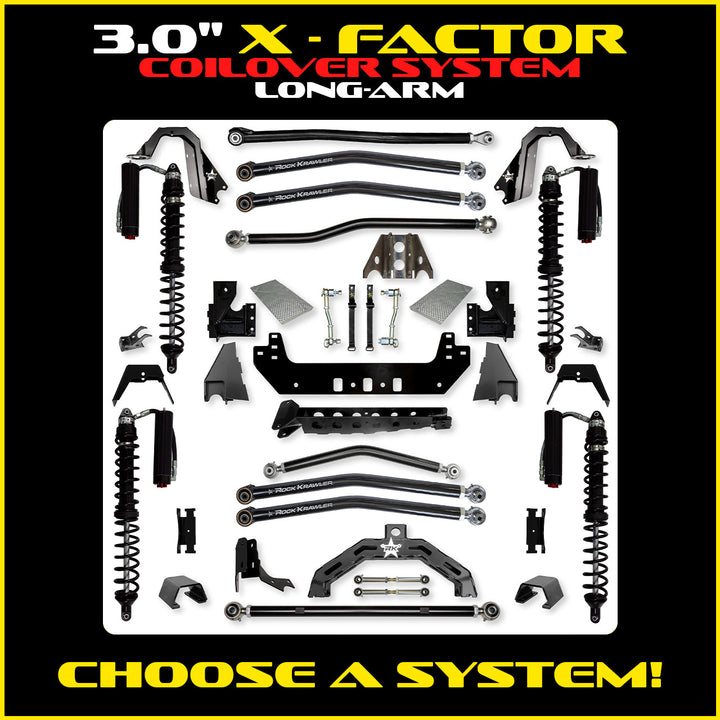 Rock Krawler 3.0 Inch X-Factor X2 Long Arm Lift Kit - 2020+ Gladiator JT - coilover Comp and Trail Runner packages