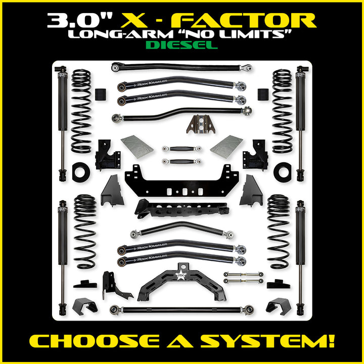 Rock Krawler 3.0 Inch X-Factor X2 No Limits Long Arm Kit - 2020+ Gladiator JT - diesel kit