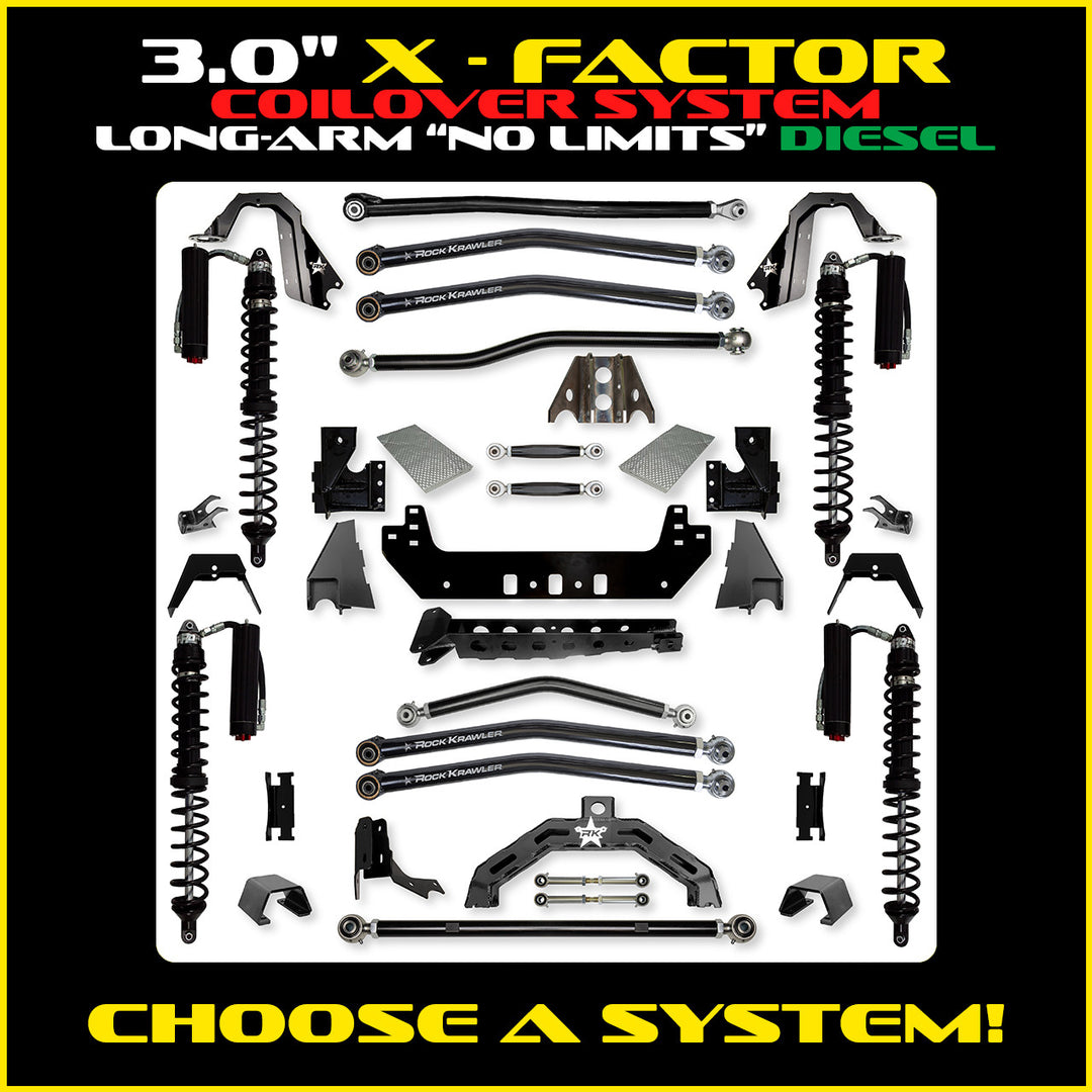 Rock Krawler 3.0 Inch X-Factor X2 No Limits Long Arm Kit - 2020+ Gladiator JT - diesel coilover packages