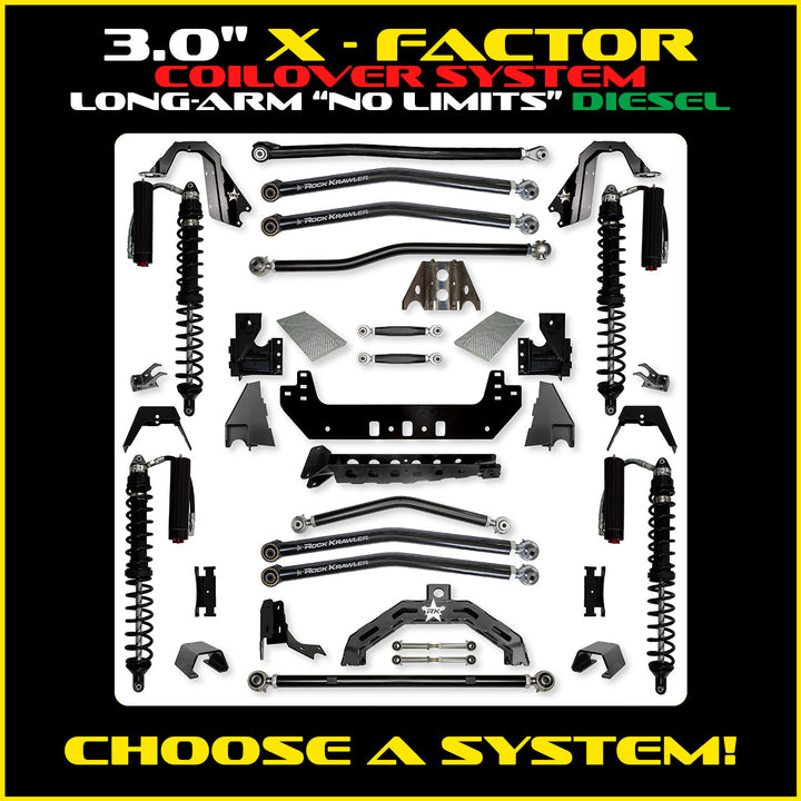 Rock Krawler 3.0 Inch X-Factor X2 No Limits Long Arm Kit - 2020+ Gladiator JT - diesel coilover packages