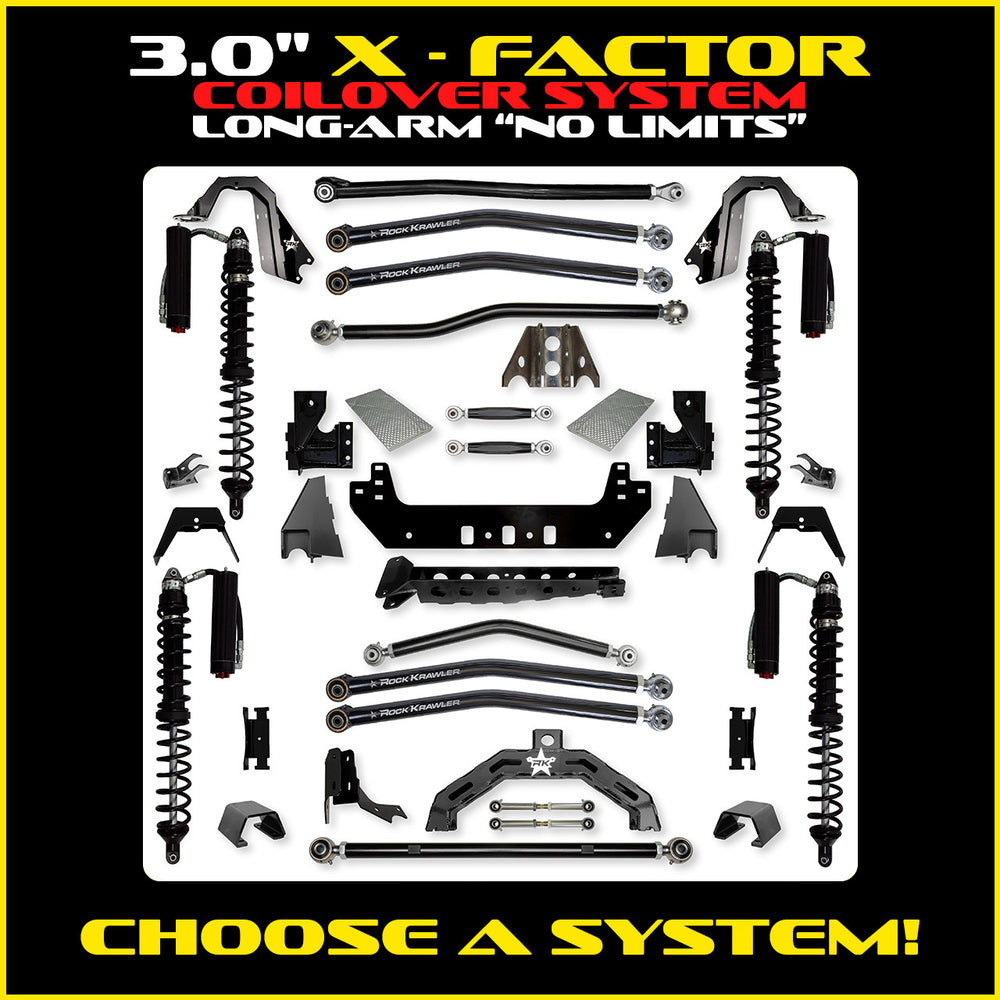 Rock Krawler 3.0 Inch X-Factor X2 No Limits Long Arm Kit - 2020+ Gladiator JT - coilover Comp and Trail Runner packages