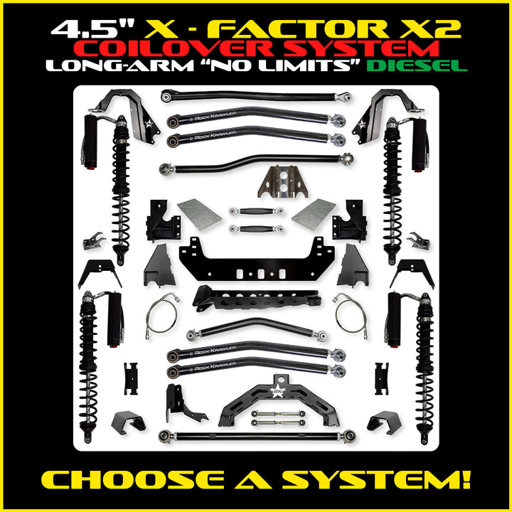 Rock Krawler 4.5 Inch X Factor X2 No Limits Long Arm System - Gladiator JT - Diesel coilover packages